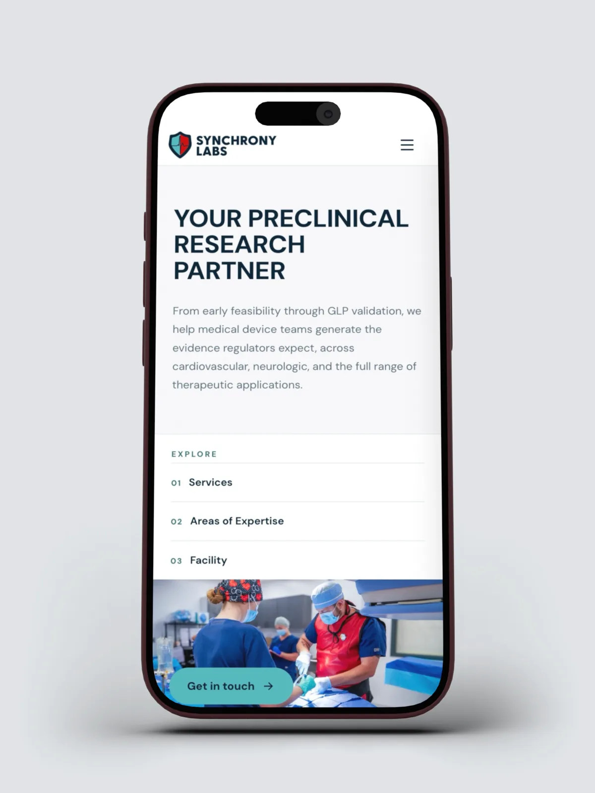 The Synchrony Labs homepage on an iPhone