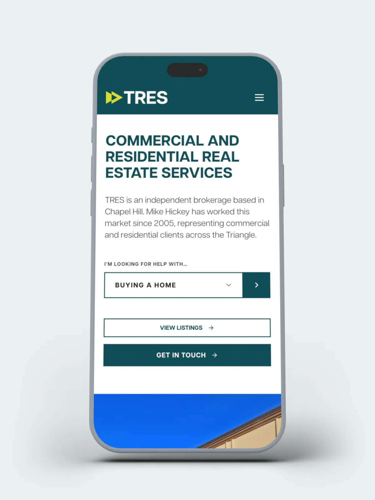 The TRES homepage on an iPhone