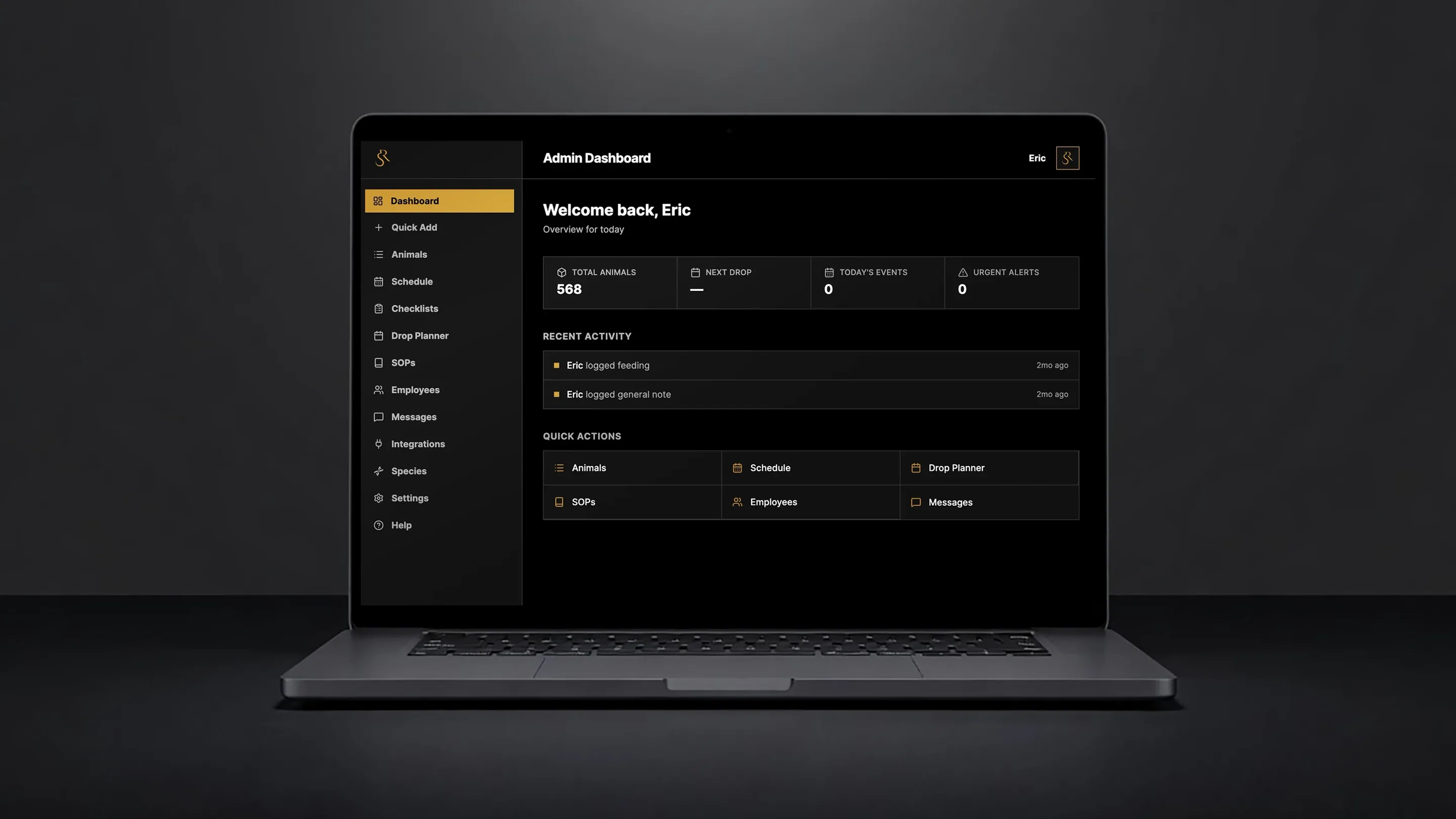 Sundown Reptiles staff dashboard on a laptop, with the animal count, today's events, alerts and quick links to animals, schedules, checklists and SOPs
