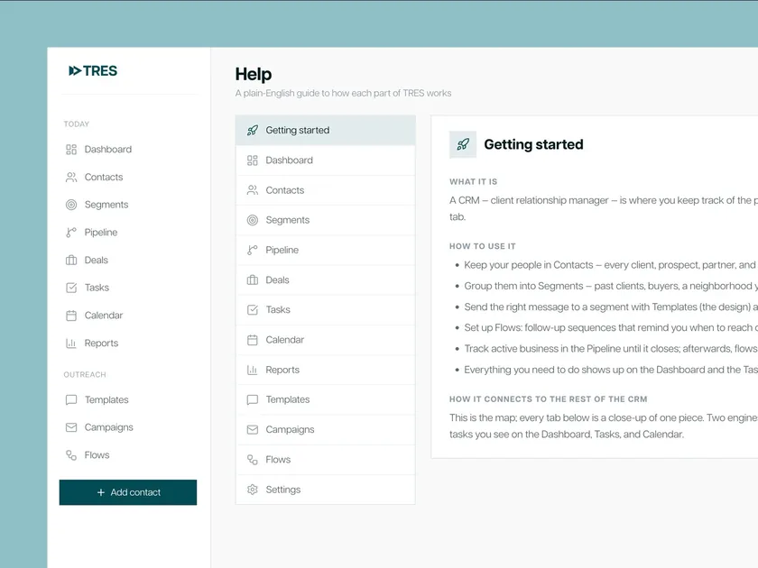 The Help page of the TRES CRM explains contacts, segments, the pipeline and deals in plain English.