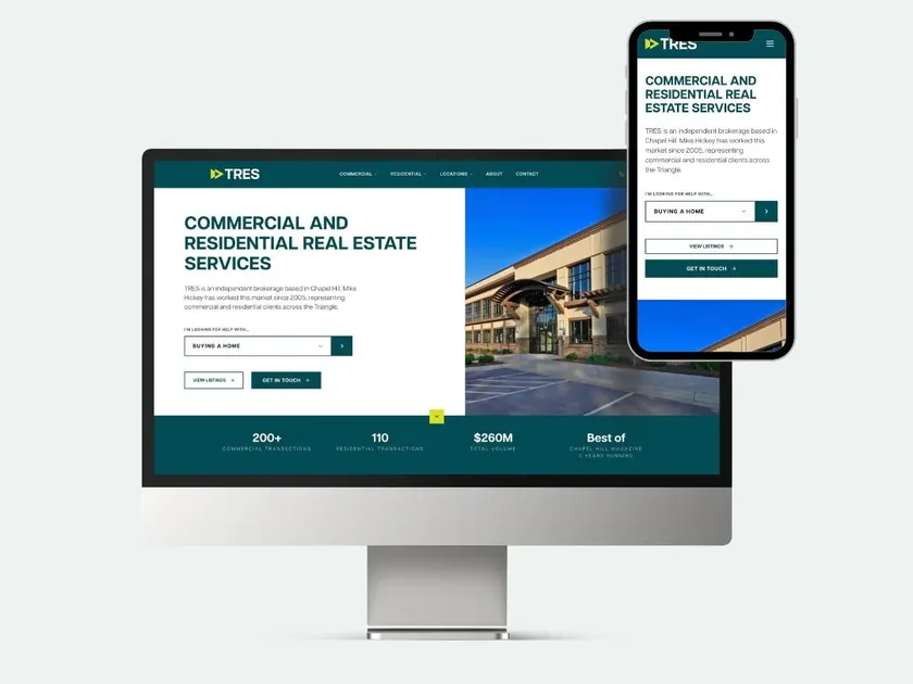 The TRES homepage sits on a desktop monitor and a phone, with its headline offering commercial and residential real estate services.